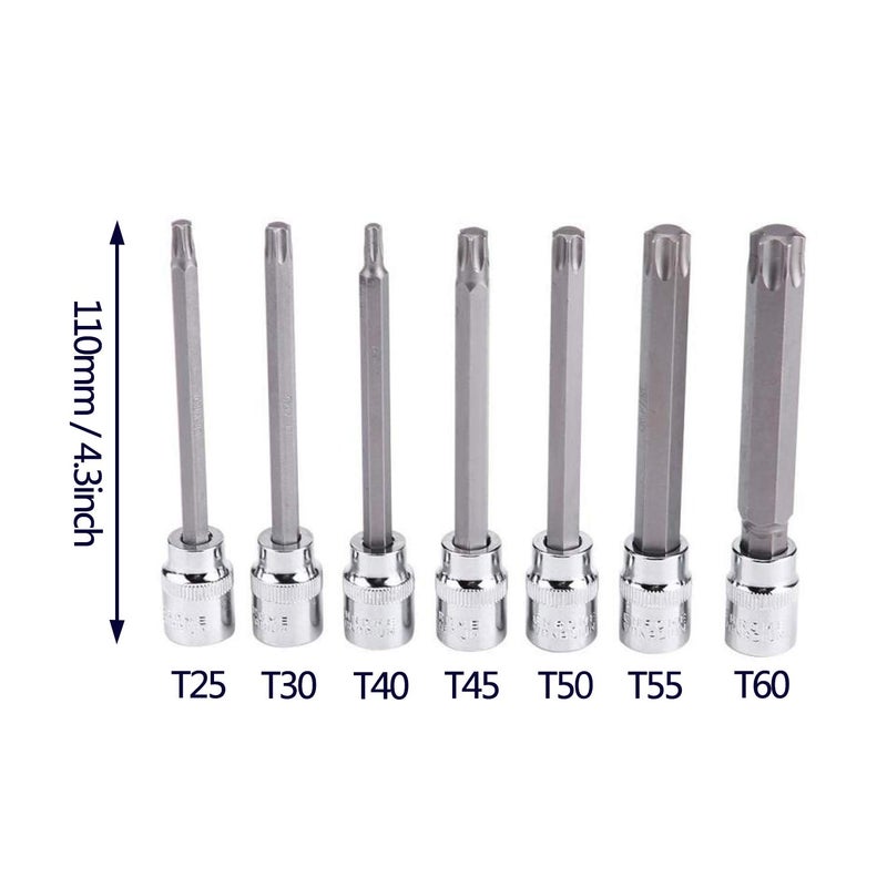 mainpoint Extra Long Torx Star Bit Socket Set 7 Piece T25-T60 CR-V "3/8" Drive 110mm(Torx) - Image 2